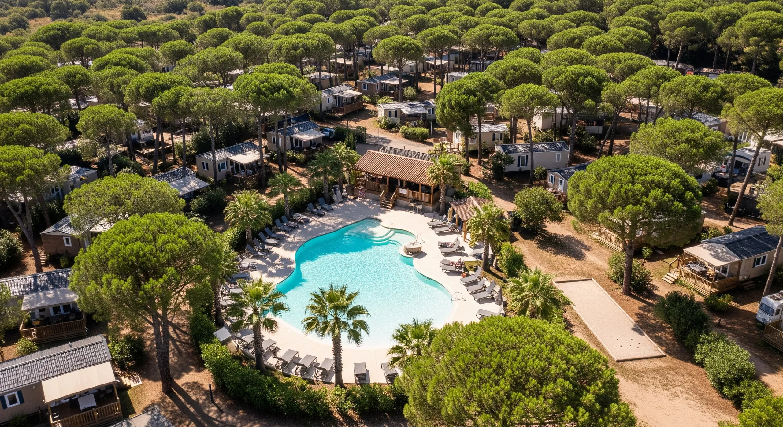 Vue aérienne du camping La Pinède : la piscine lagon aux courbes turquoise entourée de palmiers, les mobil-homes en bois répartis sous la canopée des pins parasols.