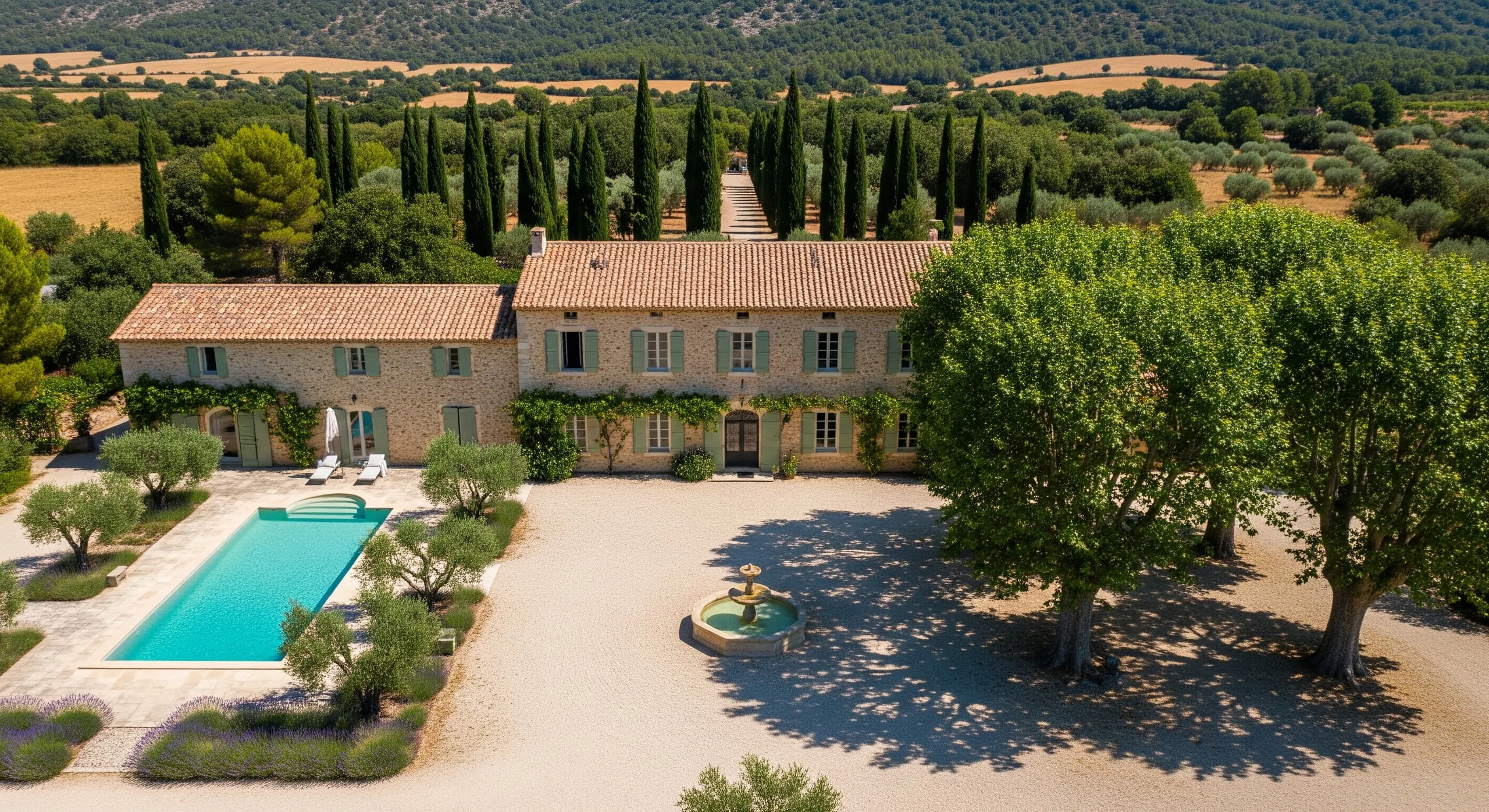 Vue aérienne du Domaine des Restanques : la bastide et ses toits de tuiles, la cour à la fontaine, la piscine, l'oliveraie et les rangs de lavande au milieu de la garrigue.