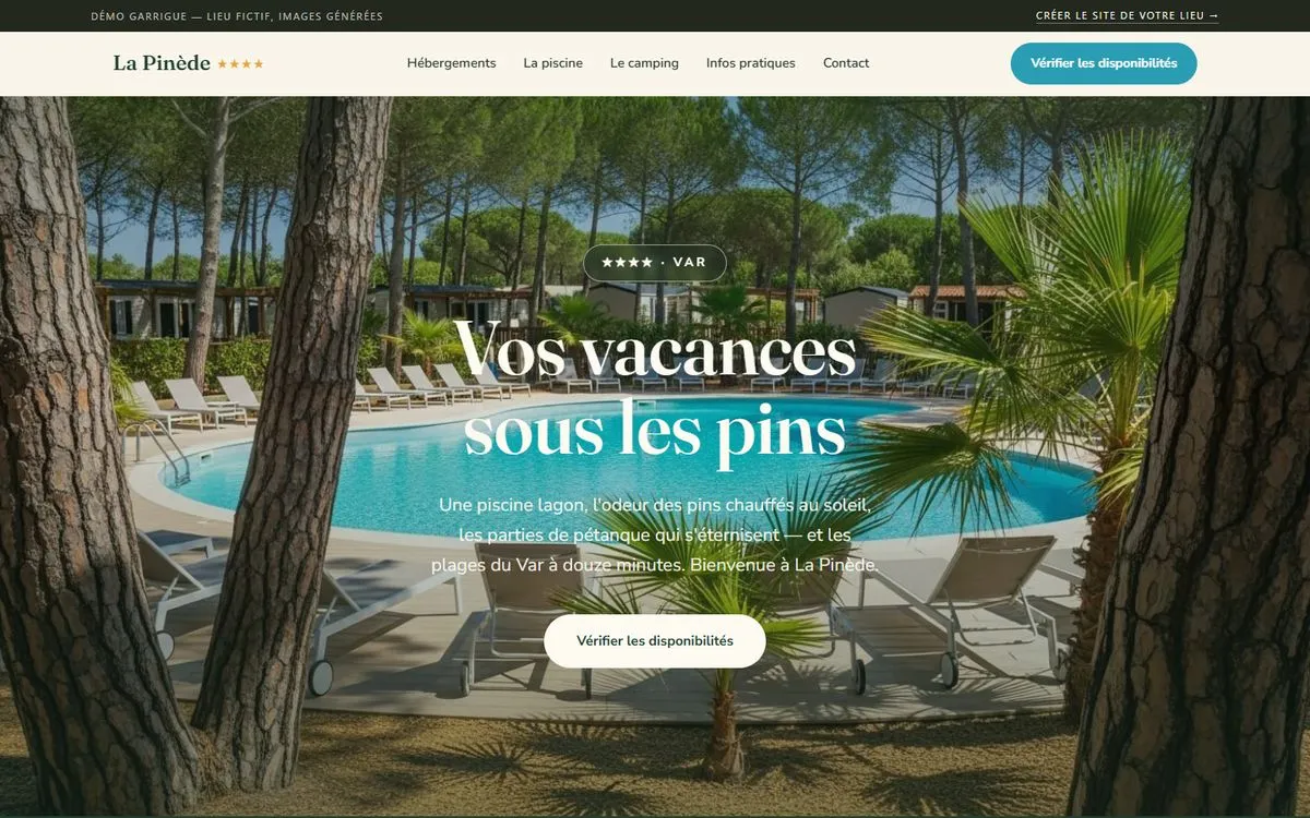 Page d'accueil de la démo Camping La Pinède