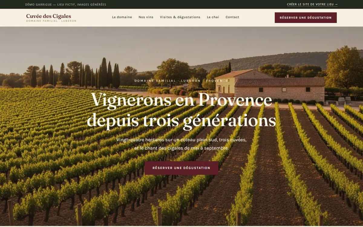 Page d'accueil de la démo Cuvée des Cigales