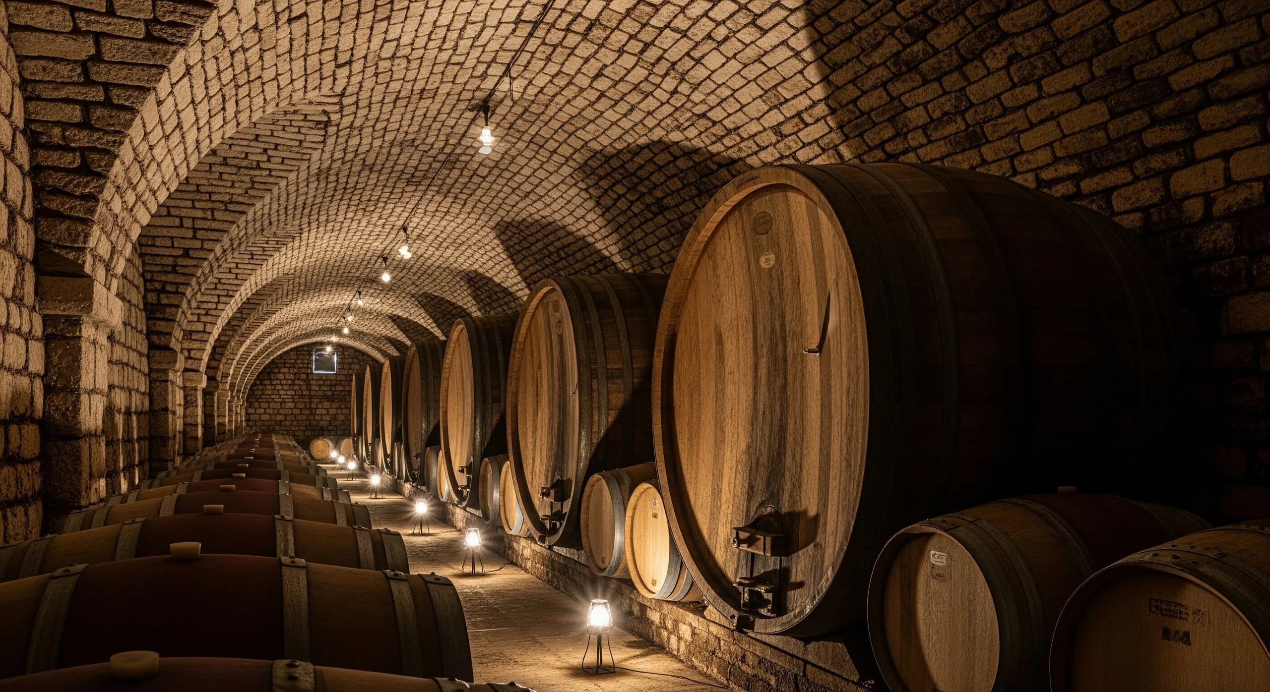 Chai d'un domaine viticole avec ses cuves et ses barriques de vieillissement