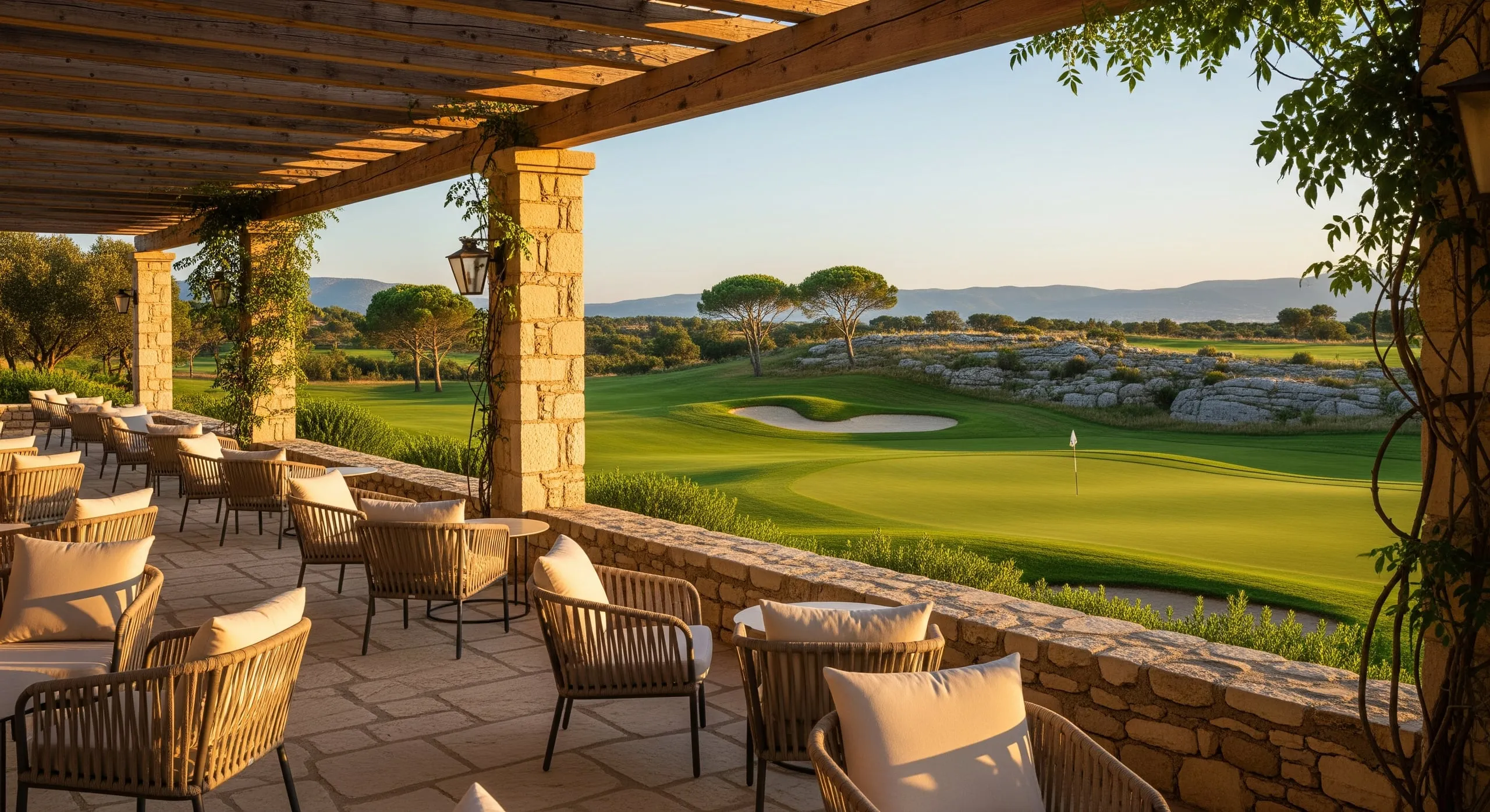 La terrasse du club-house à l'heure de l'apéritif : fauteuils en rotin sous la pergola fleurie de jasmin, vue plongeante sur le green du 18 et les collines.