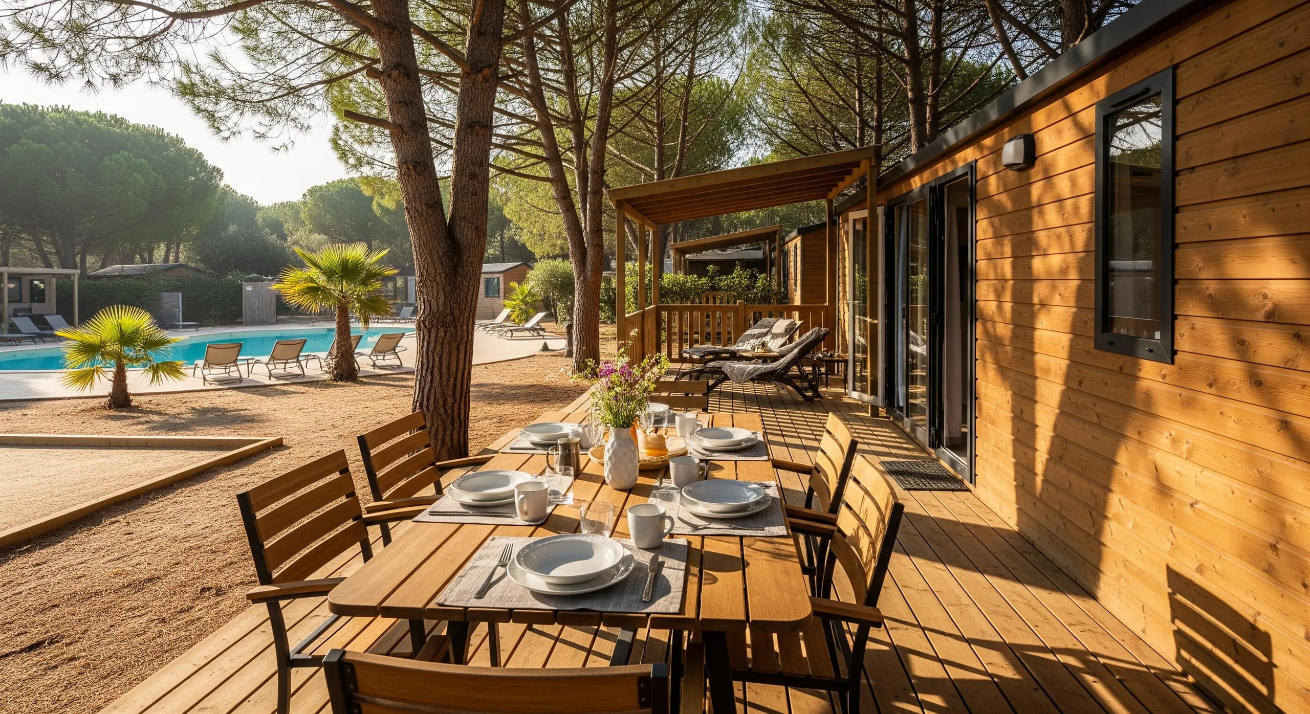 Mobil-home Confort en bardage bois avec pergola et terrasse en bois, table et chaises dressées à l'ombre des pins maritimes.