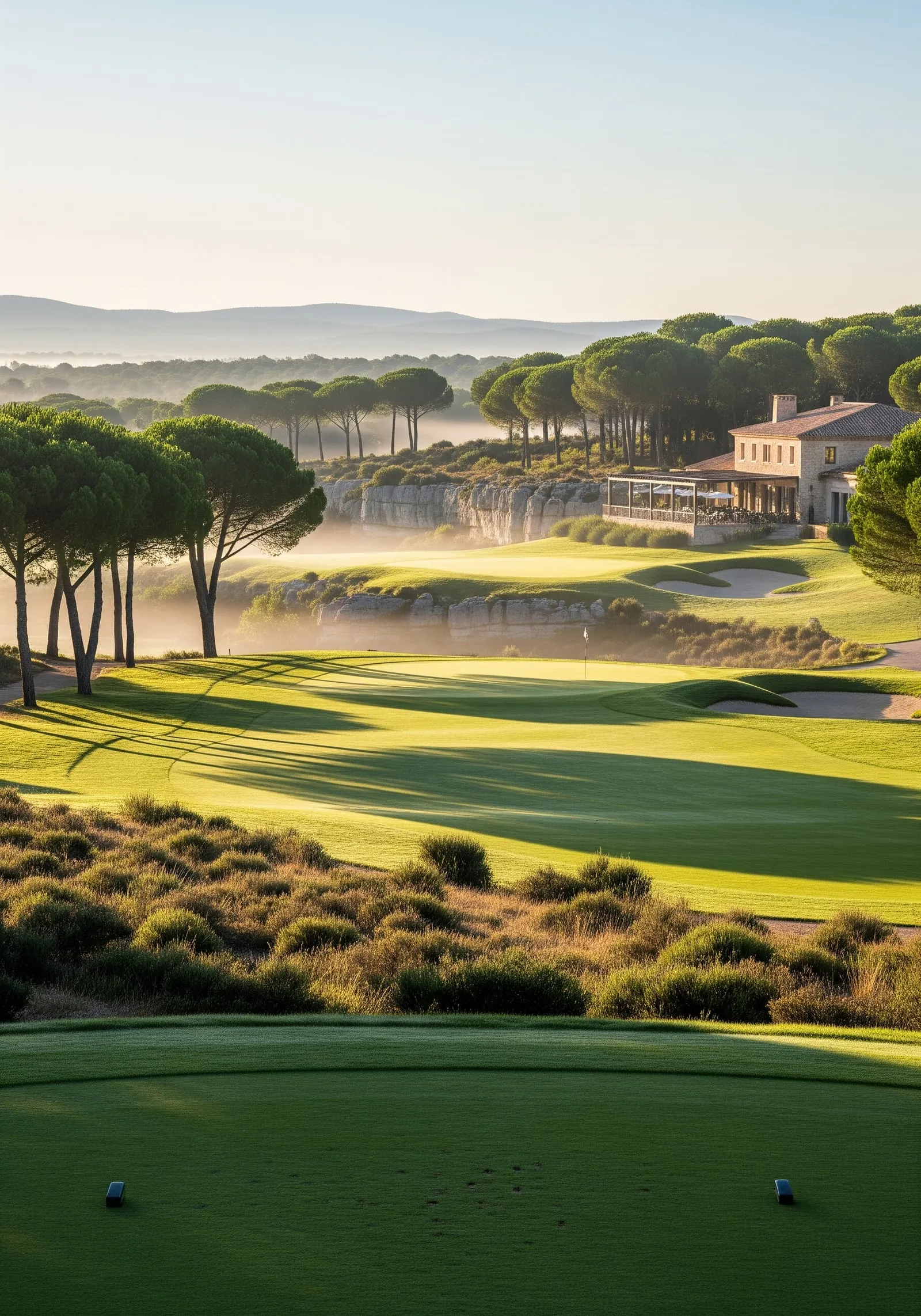 Départ du trou n°7 au petit matin : rosée sur le tee, brume entre les pins parasols et fairway filant vers le club-house en pierre.