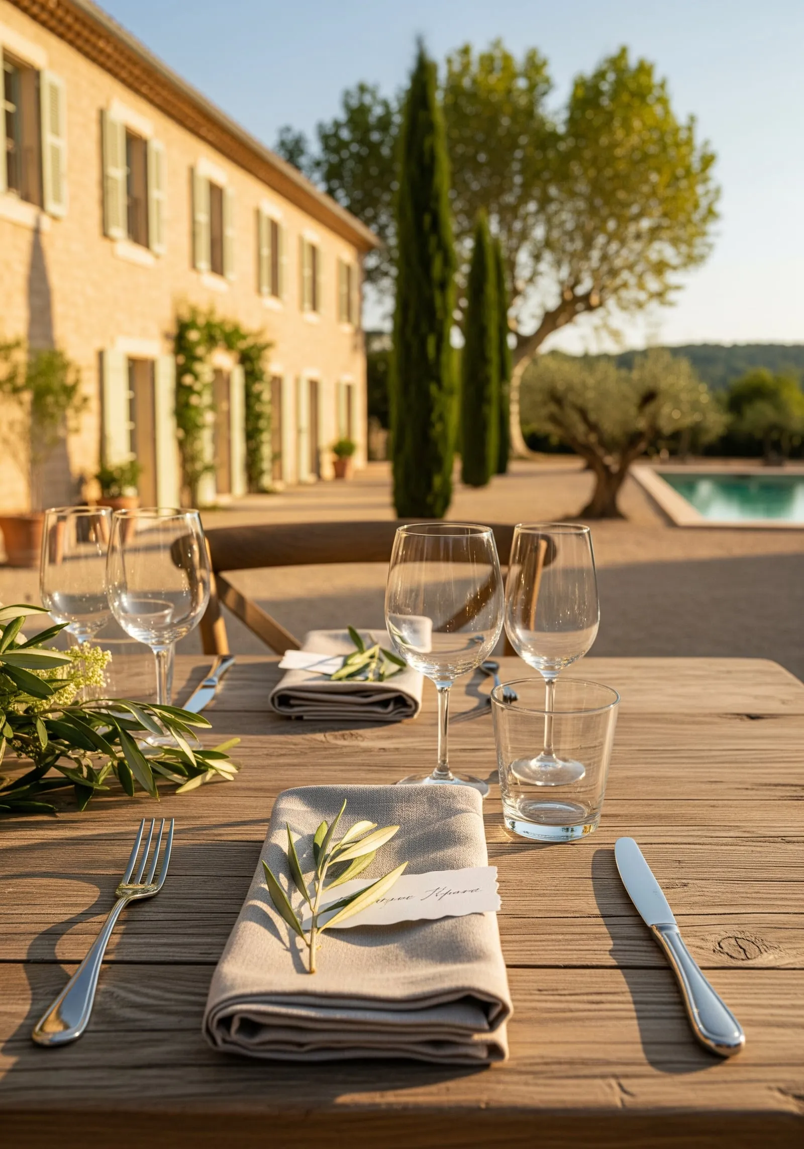 Détail d'une table dressée dans la cour : serviette de lin blanc, branche d'olivier et menu calligraphié dans la lumière du soir.