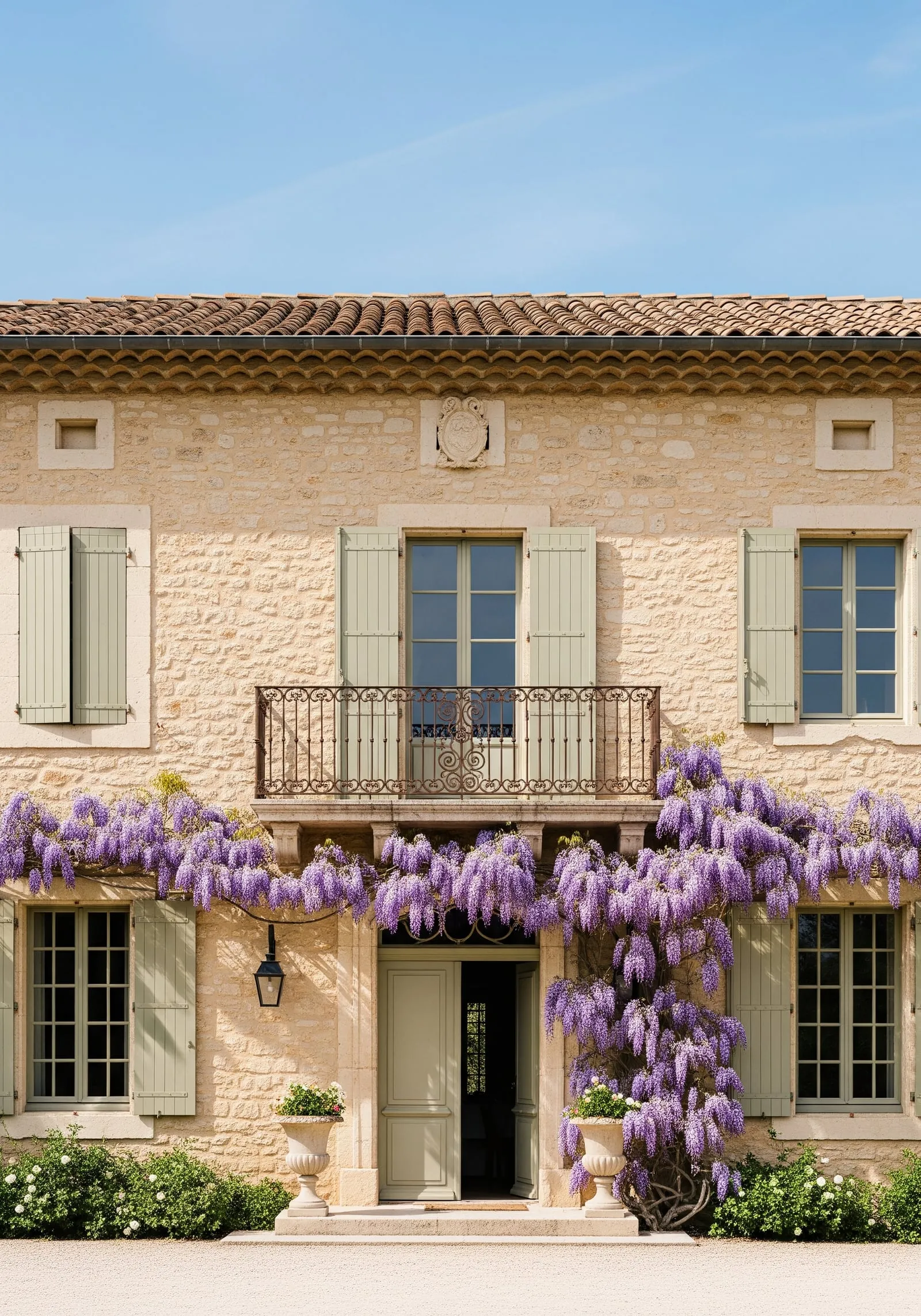 Façade de la bastide en pierre calcaire dorée : volets vert olive, toit de tuiles terracotta et glycine en fleurs au-dessus de la porte d'entrée.