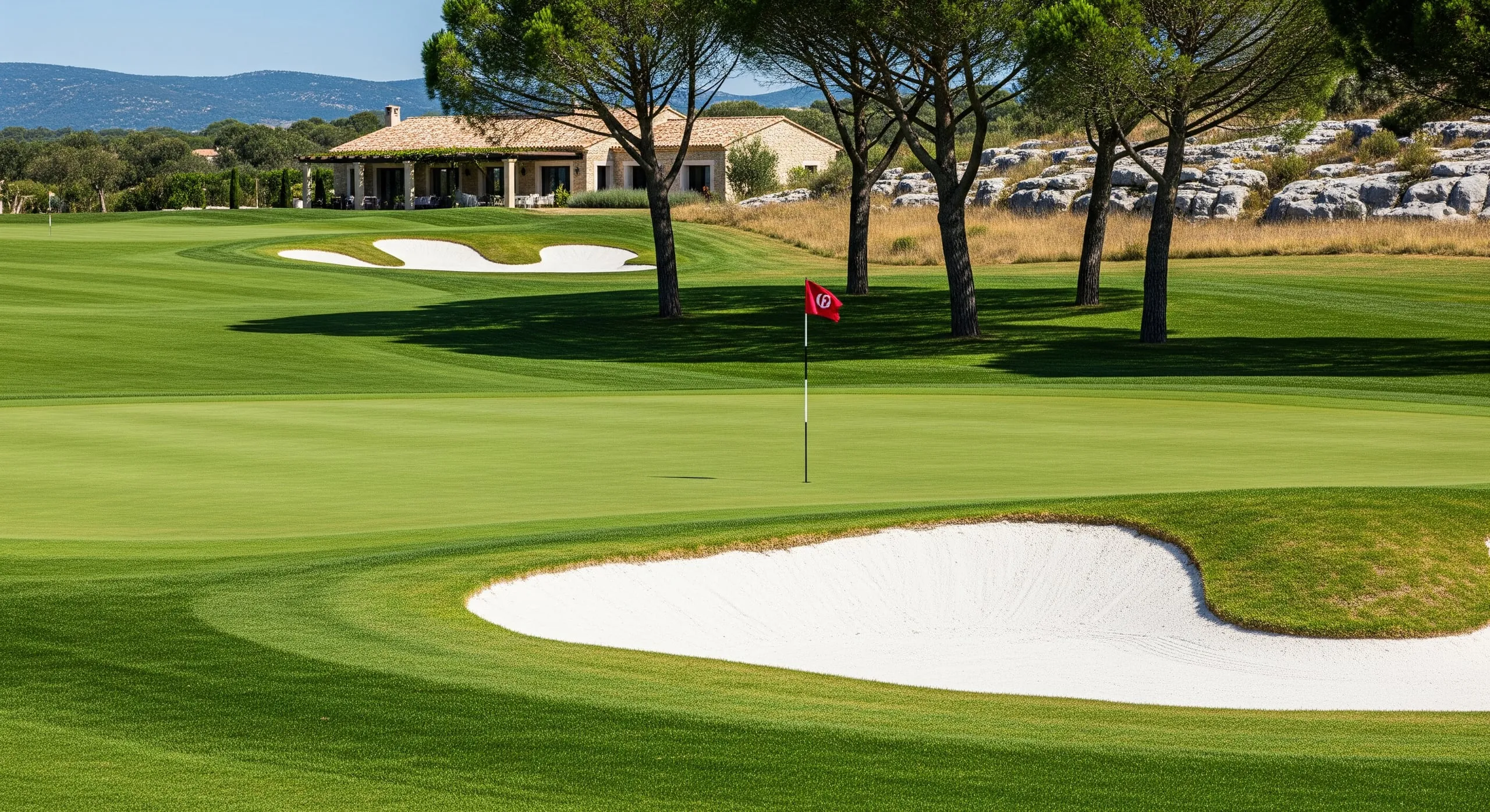 Le green du trou n°12 gardé par deux bunkers de sable blanc, pins parasols et barre calcaire de la garrigue en arrière-plan.