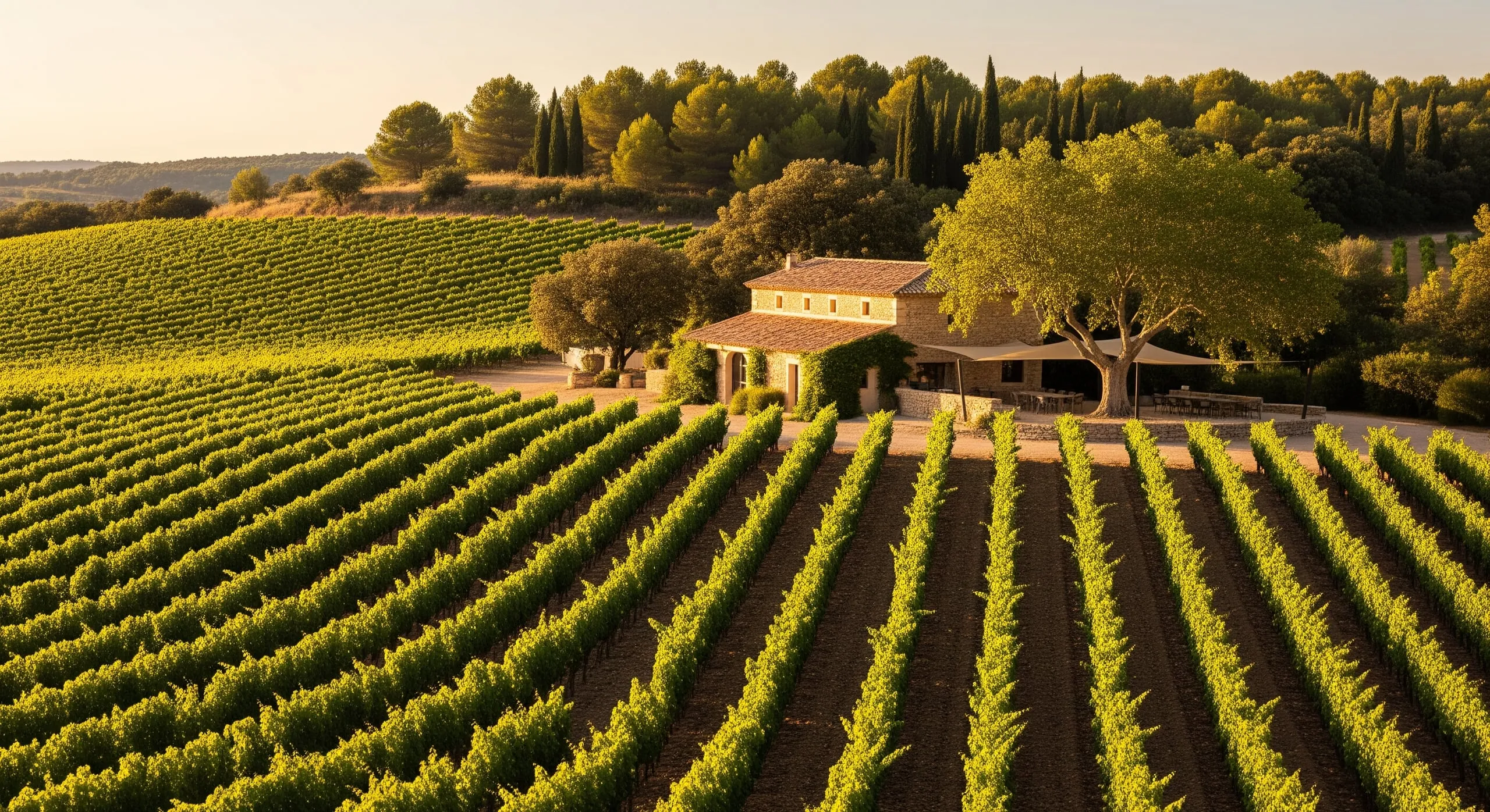 Les rangs de vignes du domaine à l'heure dorée : ceps alignés sur la terre ocre, cyprès et bâtisse en pierre au toit de tuiles dans la lumière du soir.