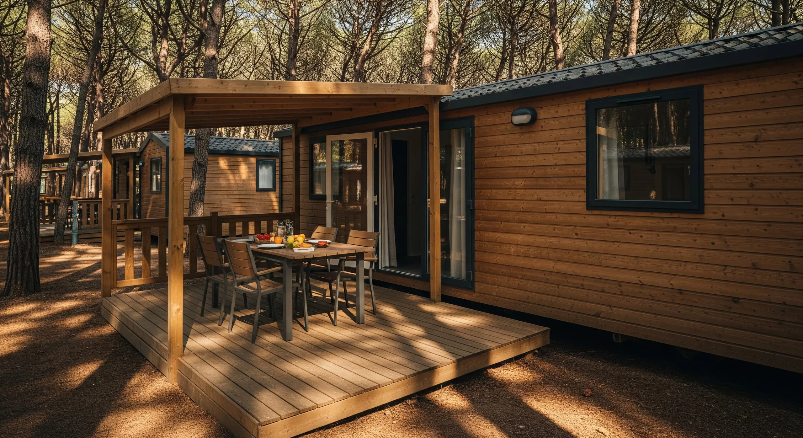 Mobil-home Famille dans la lumière dorée du matin : grande terrasse en bois avec store banne, table dressée pour six et pins maritimes tout autour.