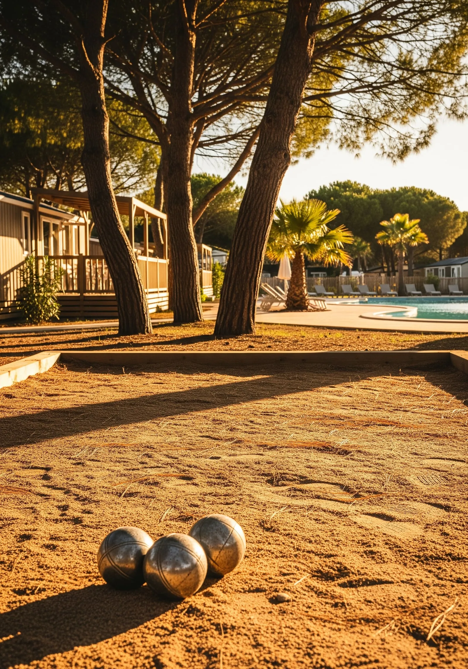 Les terrains de pétanque au soleil couchant : boules argentées sur le sable doré, pins parasols et mobil-homes en arrière-plan.