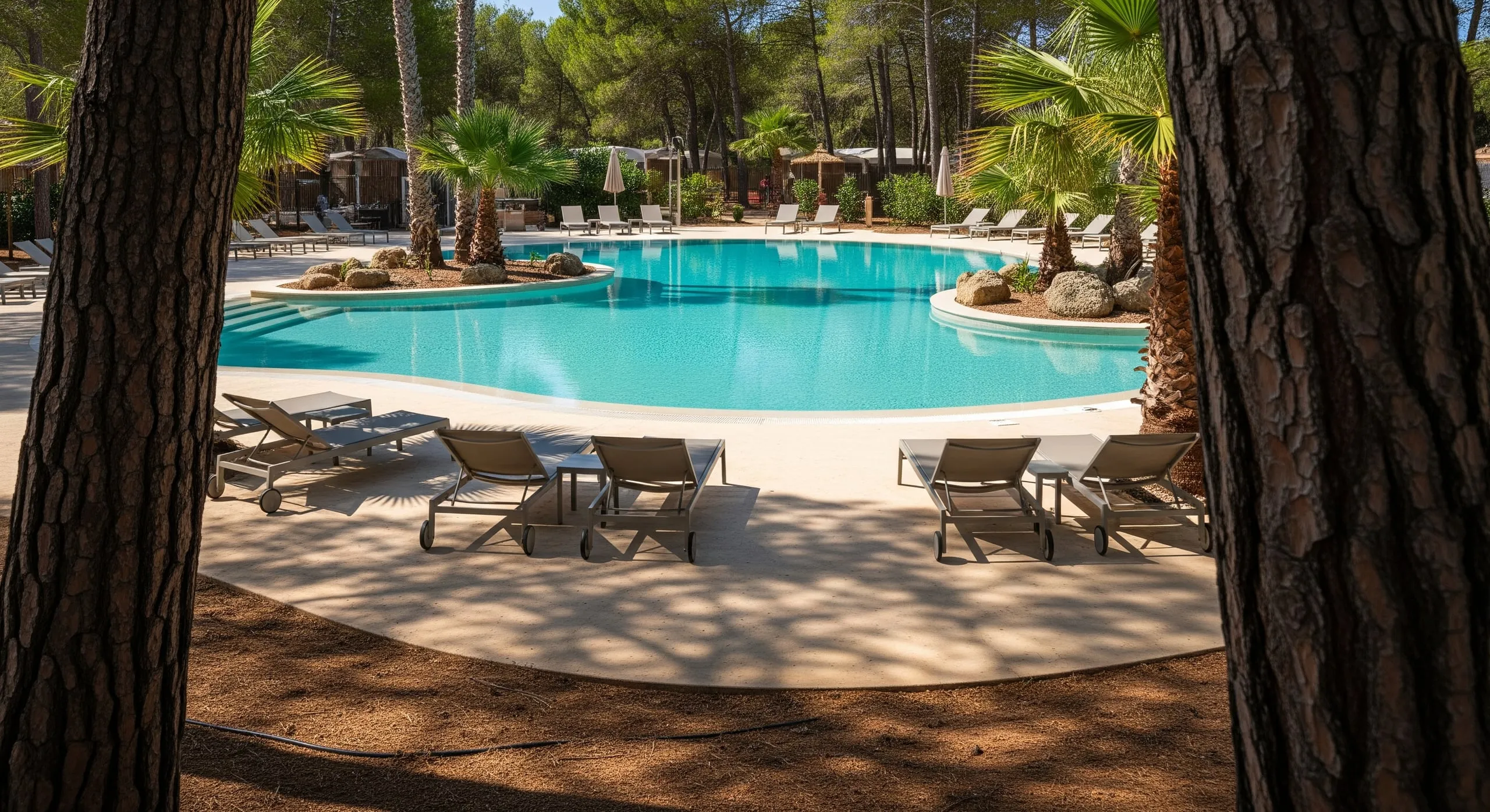La piscine lagon vue depuis la pinède : grande courbe d'eau turquoise entourée de transats, palmiers et mobil-homes en bois sous les pins maritimes.
