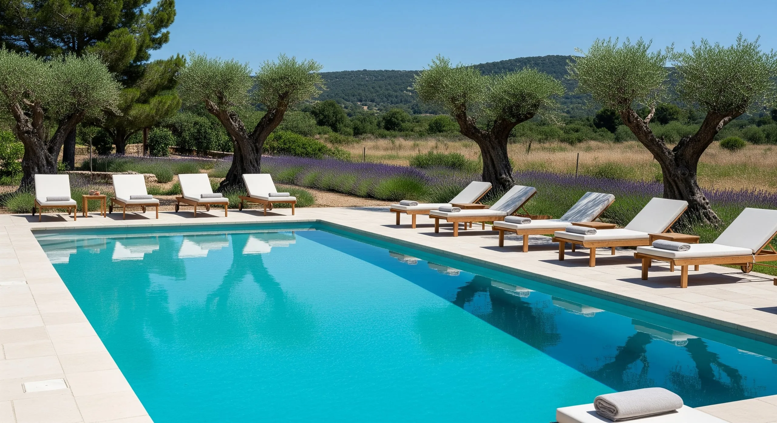 La piscine turquoise bordée de lavande et d'oliviers centenaires, transats en bois clair face à la bastide et aux collines.