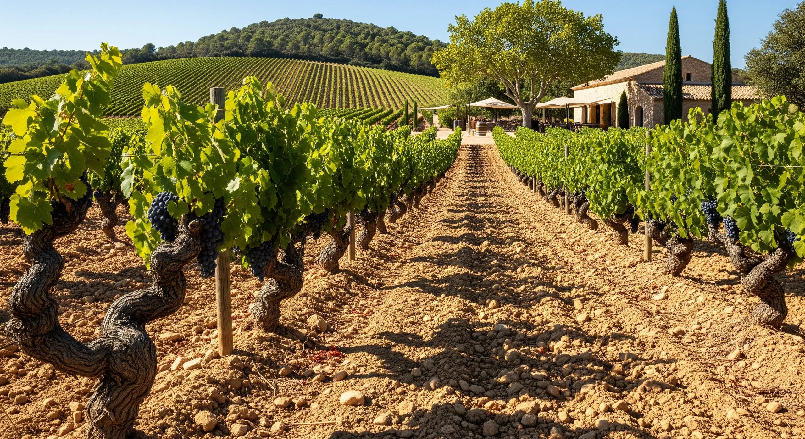 Rangs de vigne alignés à perte de vue sous le soleil du Sud
