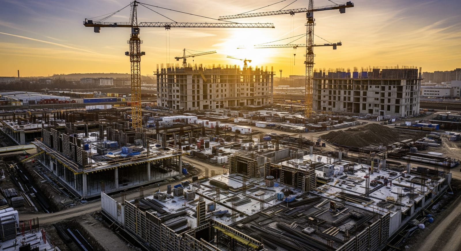 Chantier vu du ciel, grues et structures